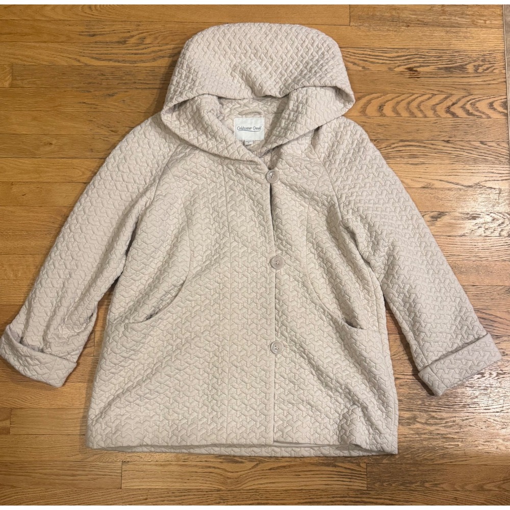 Coldwater Creek Womens XL Quilted Hooded Jacket Beige Textured Knit Button Front